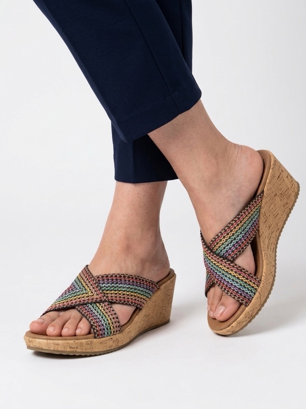 Cali Skechers Luxe Foam Multicolor Woven Upper Cork-Style Wedge Sandals Shoes